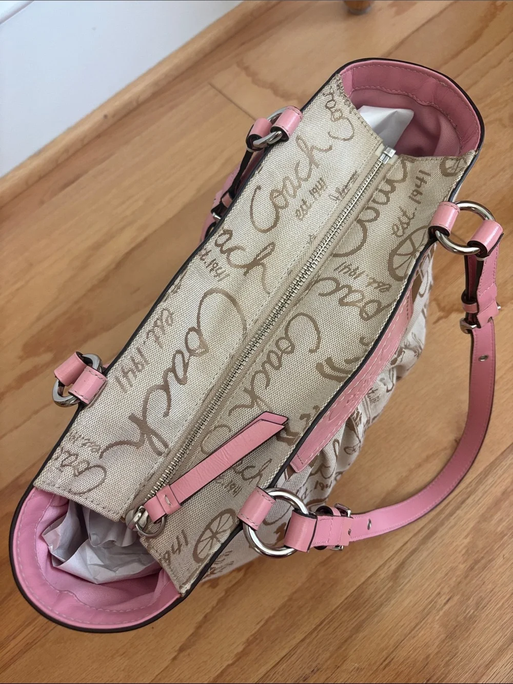Coach Horse & Carriage Pleated Gallery Tote Pink Leather Khaki Y2K Shoulder Bag
